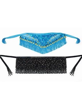 Belly Dance Hip Scarf Set Blue Black Sequin Fringe Coin Festival Costume Boho